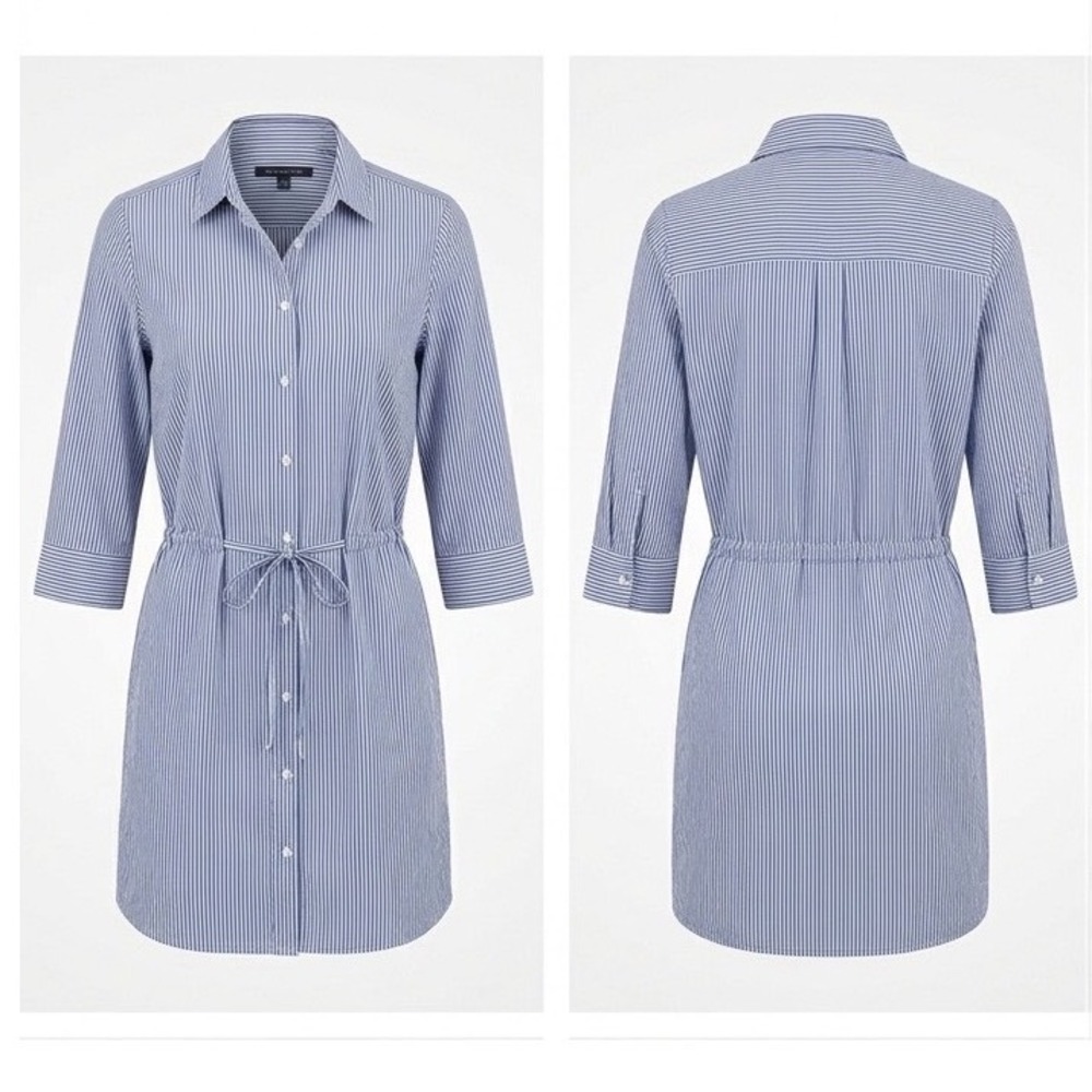 Tommy Hilfiger Womens M Blue White Stripe Shirt Dress Belted Button Front *Read*